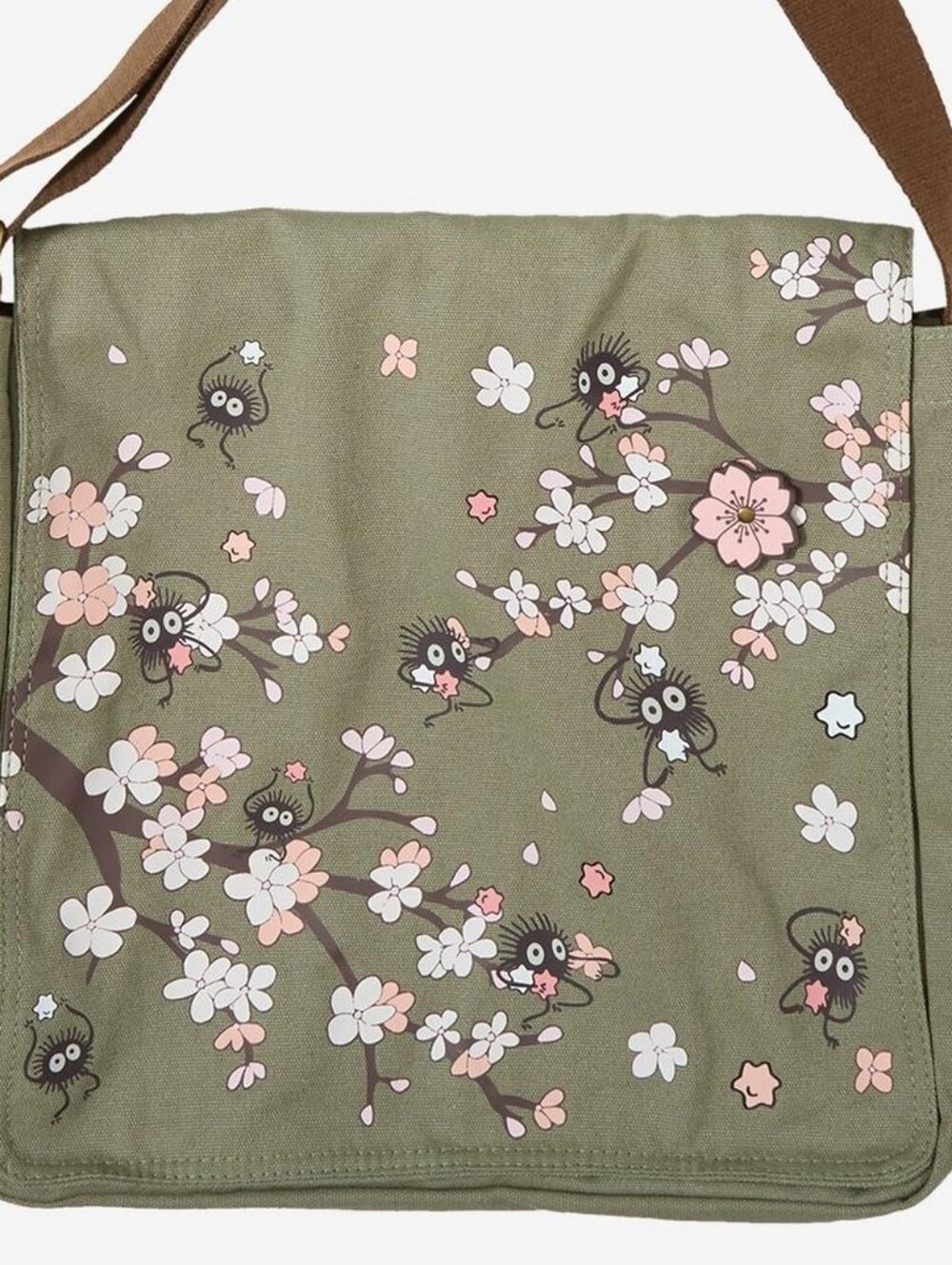 Studio Ghibli Sprite Olive Floral Canvas Crossbody Bag Brown Adjustable Strap